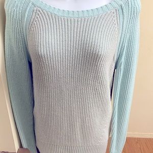 Long-sleeve cable type knitted sweater. 2 different shades of blue & comfortable
